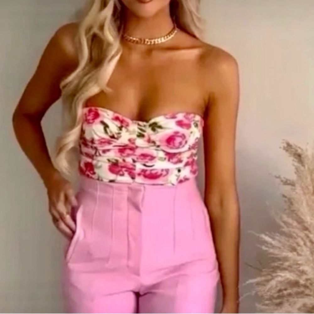 NEW ZARA Draped Ruched Floral Rose Strapless Bodysuit Pink Green White Size S - Picture 2 of 16